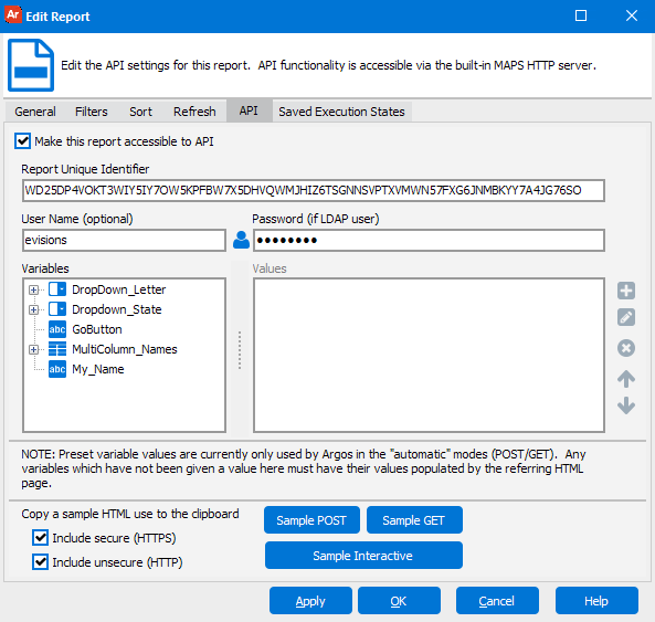 This image shows the Edit Report dialog with the API tab selected.  The Report Unique Identifier, User Name, Password, and Variables are entered within this dialog.